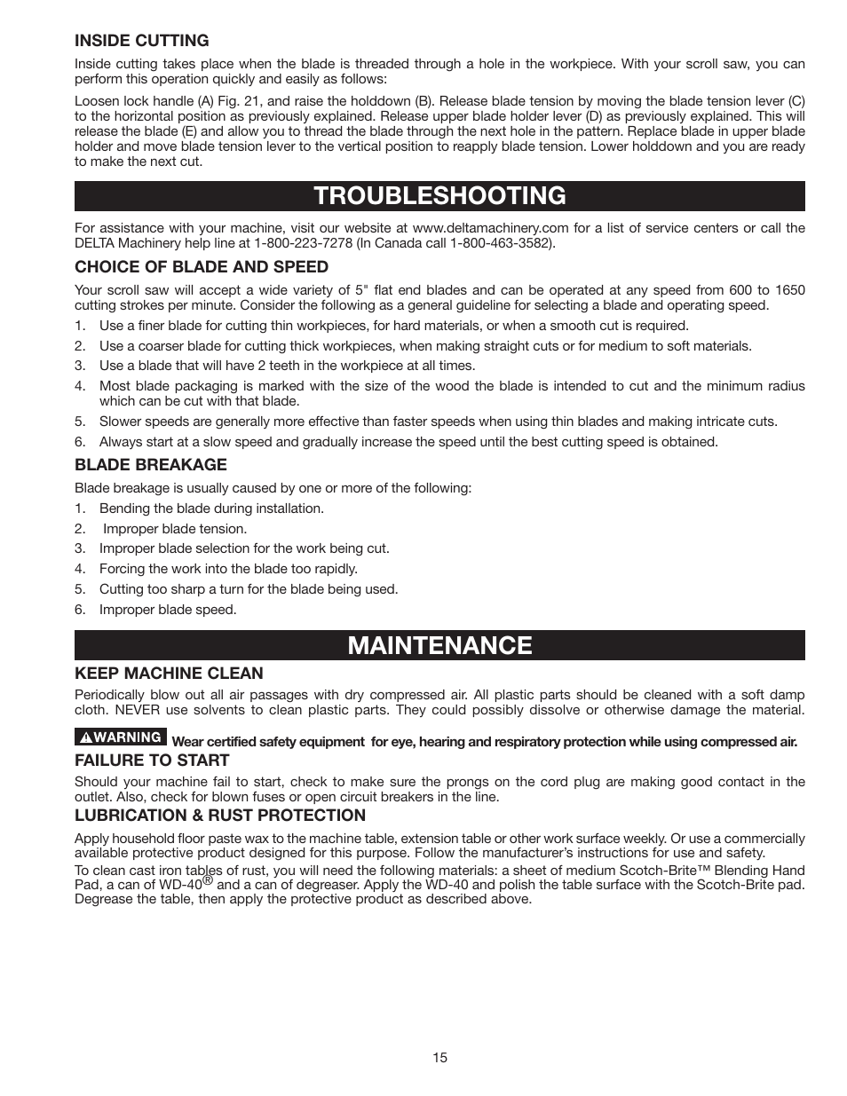Troubleshooting, Maintenance | Delta SS350LS User Manual | Page 15 / 56