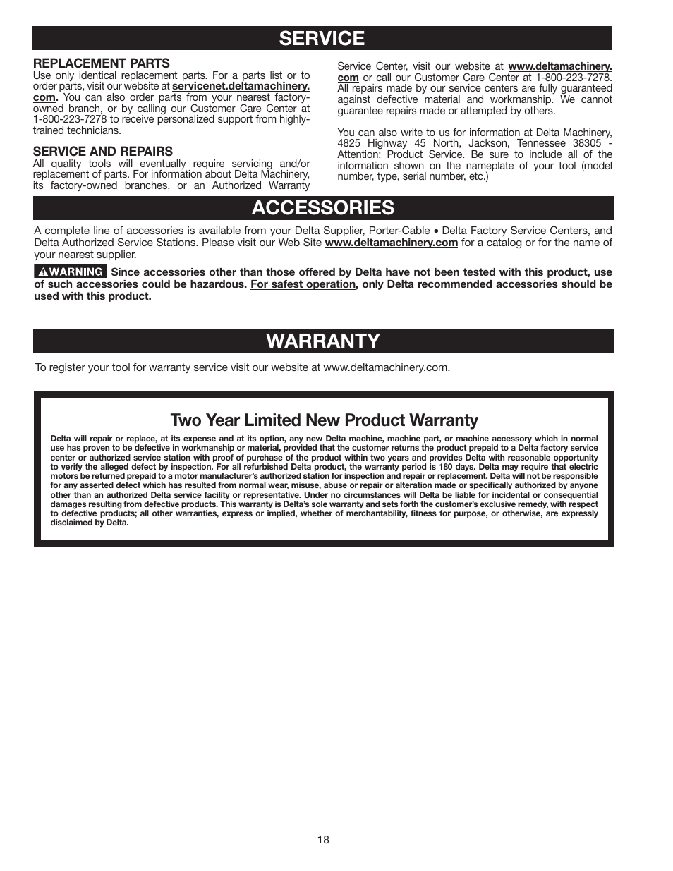 Accessories, Service warranty, Two year limited new product warranty | Delta SS350LS User Manual | Page 18 / 56