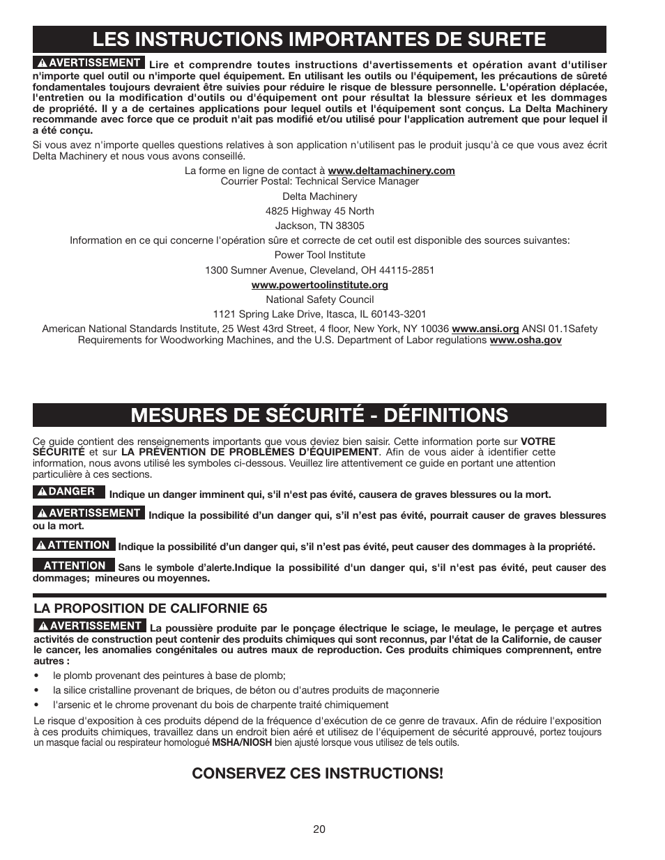 Mesures de sécurité - définitions, Les instructions importantes de surete, Conservez ces instructions | Delta SS350LS User Manual | Page 20 / 56