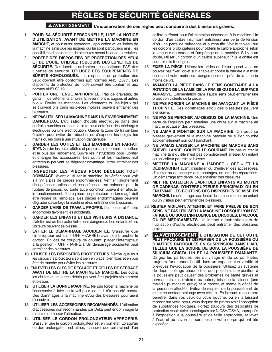 Règles de sécurité générales | Delta SS350LS User Manual | Page 21 / 56