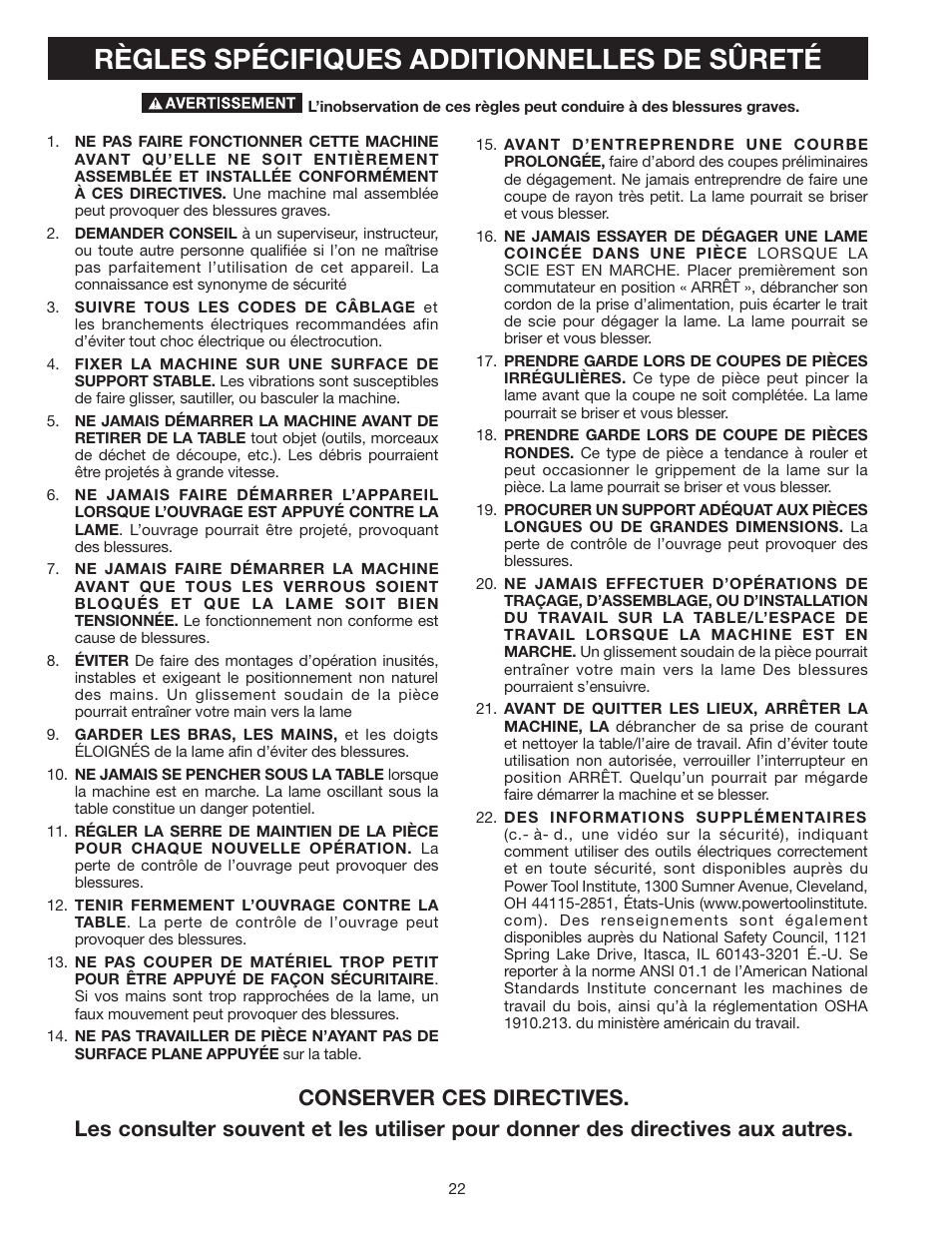 Règles spécifiques additionnelles de sûreté | Delta SS350LS User Manual | Page 22 / 56