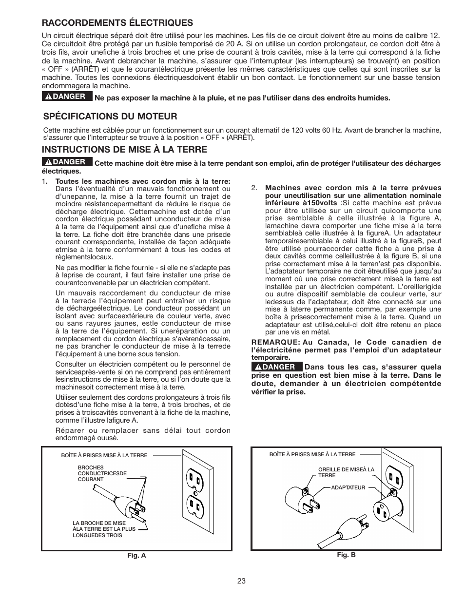 Raccordements électriques, Instructions de mise à la terre, Spécifications du moteur | Delta SS350LS User Manual | Page 23 / 56