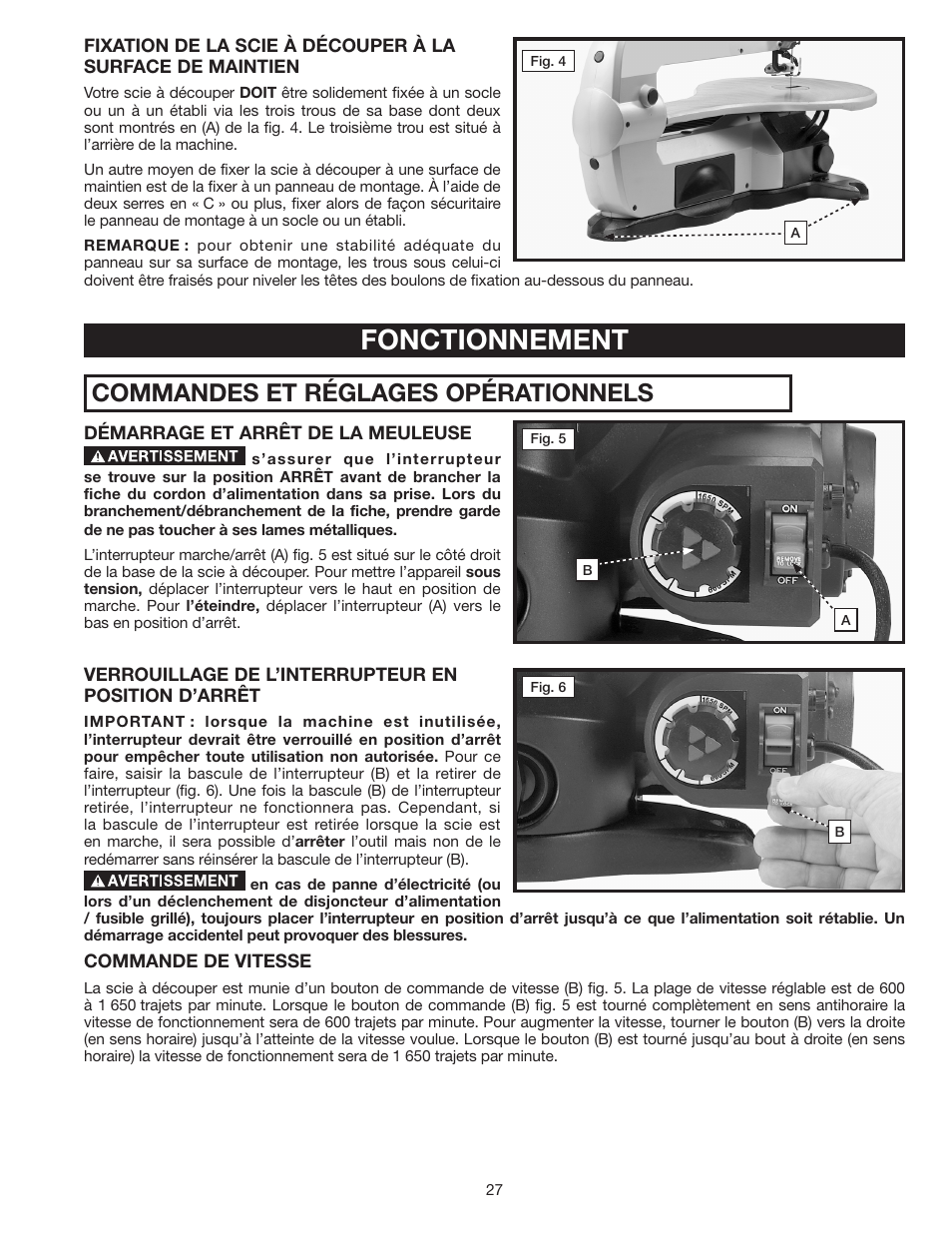 Fonctionnement, Commandes et réglages opérationnels | Delta SS350LS User Manual | Page 27 / 56