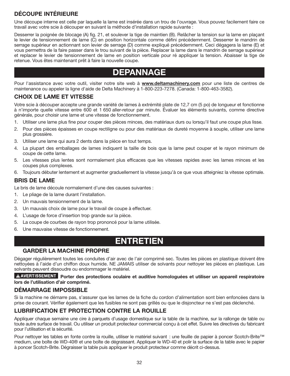 Depannage, Entretien | Delta SS350LS User Manual | Page 32 / 56