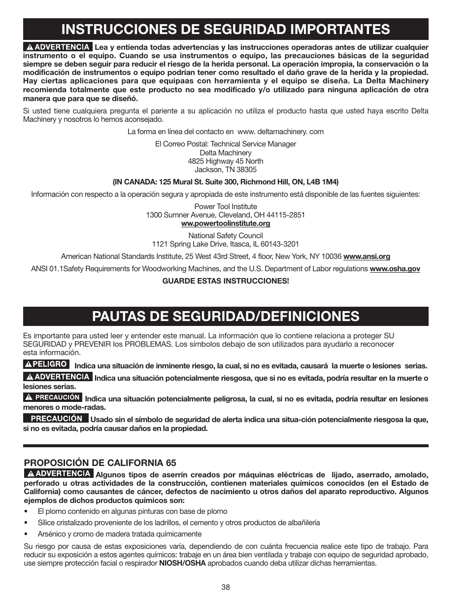 Pautas de seguridad/definiciones, Instrucciones de seguridad importantes | Delta SS350LS User Manual | Page 38 / 56