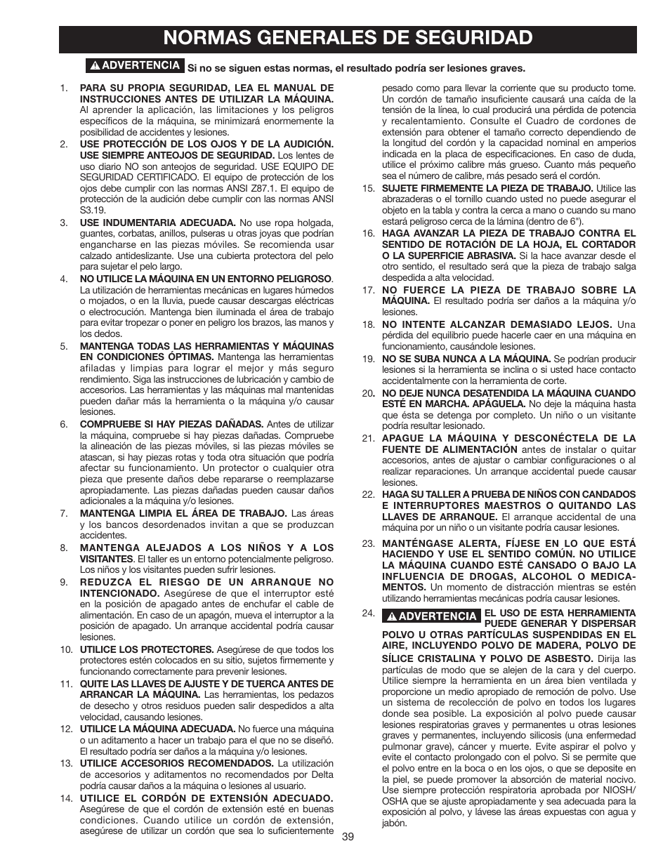 Normas generales de seguridad | Delta SS350LS User Manual | Page 39 / 56