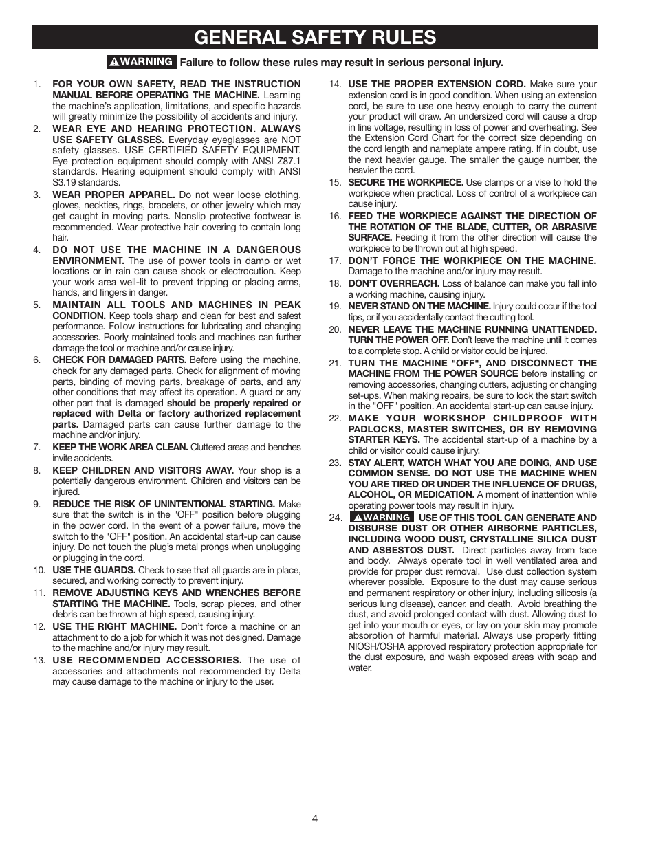 General safety rules | Delta SS350LS User Manual | Page 4 / 56
