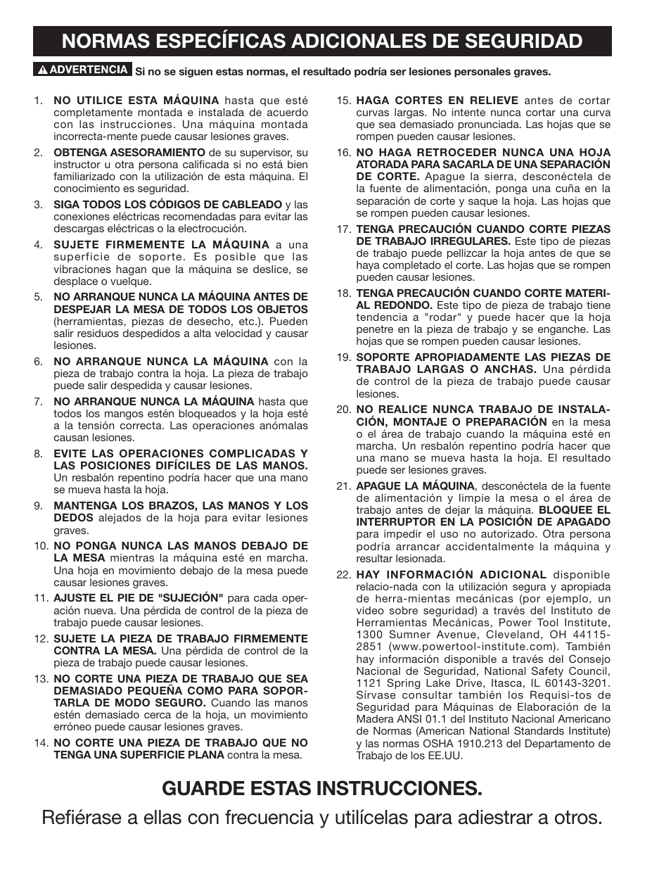 Normas específicas adicionales de seguridad | Delta SS350LS User Manual | Page 40 / 56