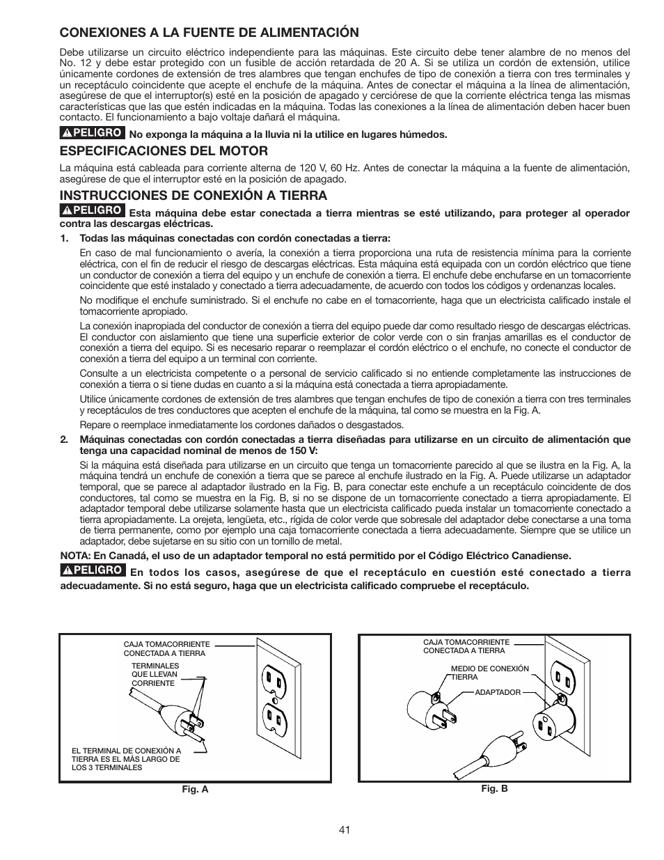 Conexiones a la fuente de alimentación, Especificaciones del motor, Instrucciones de conexión a tierra | Delta SS350LS User Manual | Page 41 / 56