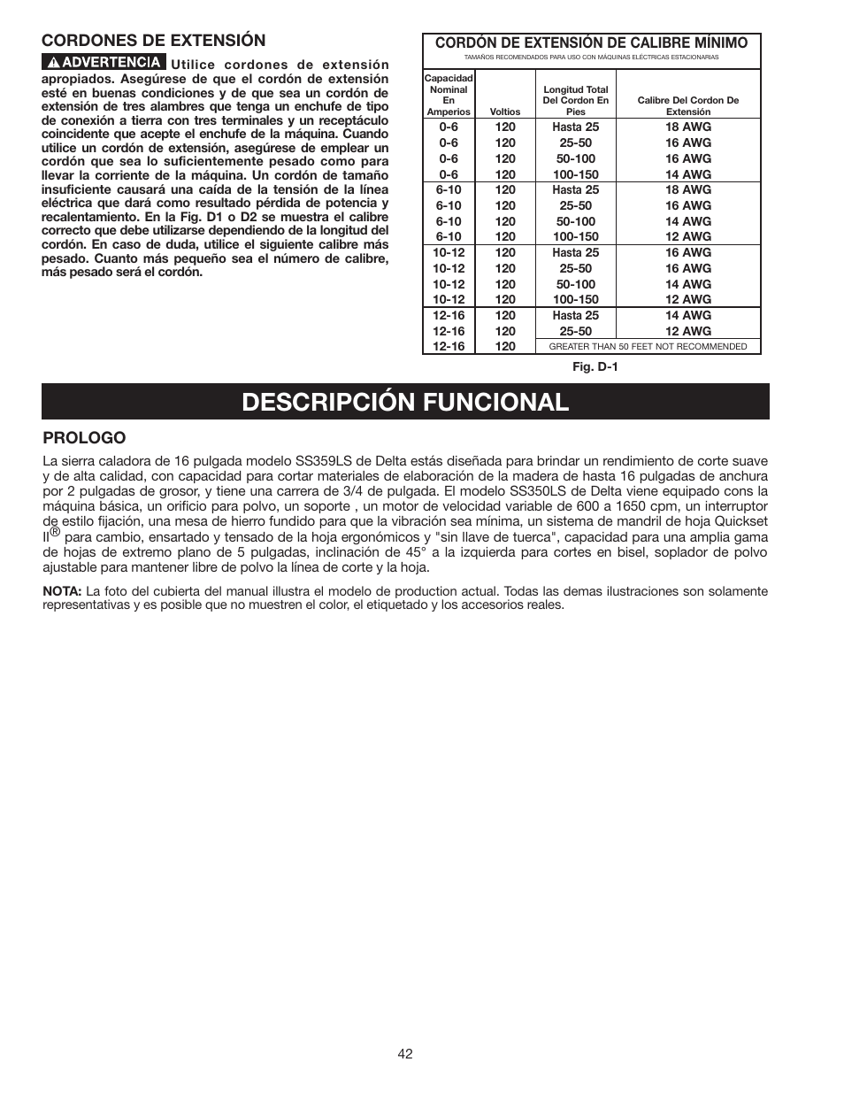 Descripción funcional, Cordones de extensión, Prologo | Delta SS350LS User Manual | Page 42 / 56