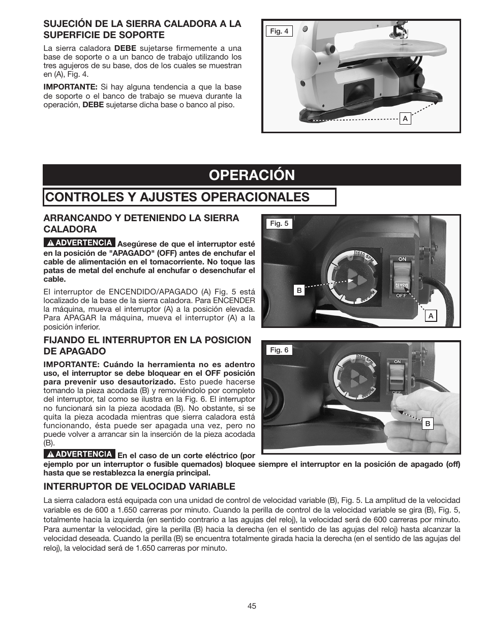 Operación, Controles y ajustes operacionales | Delta SS350LS User Manual | Page 45 / 56