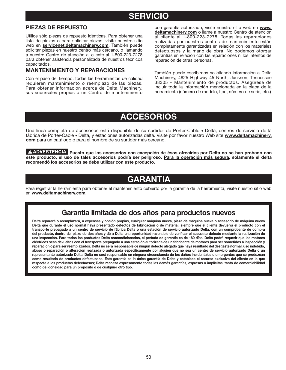 Servicio, Garantia, Accesorios | Delta SS350LS User Manual | Page 53 / 56