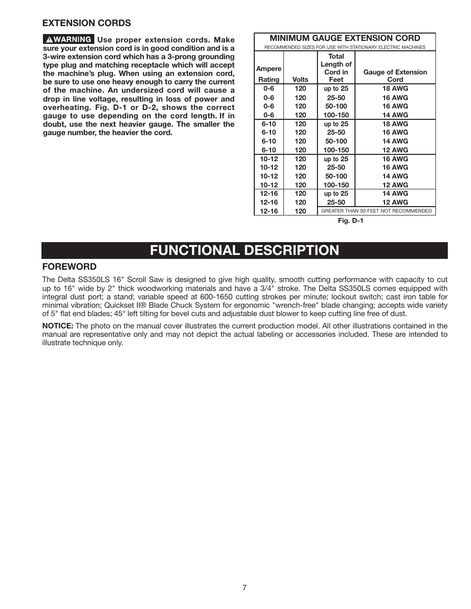 Functional description, Extension cords, Foreword | Delta SS350LS User Manual | Page 7 / 56