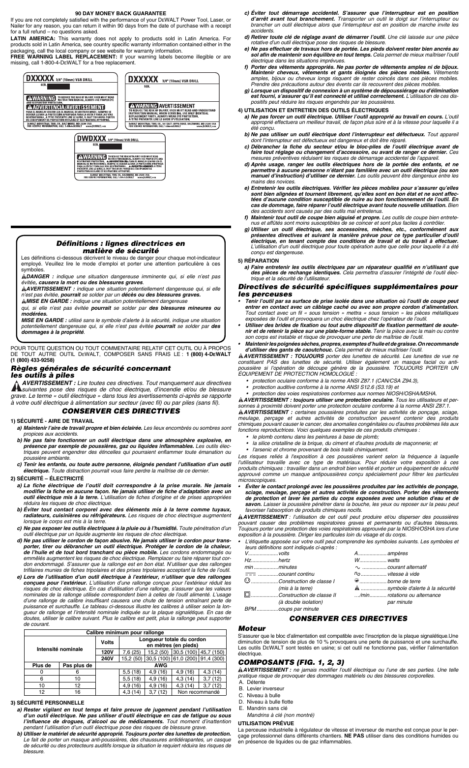 Conserver ces directives, Conserver ces directives moteur, Composants (fig. 1, 2, 3) | DeWalt DWD112 User Manual | Page 3 / 3