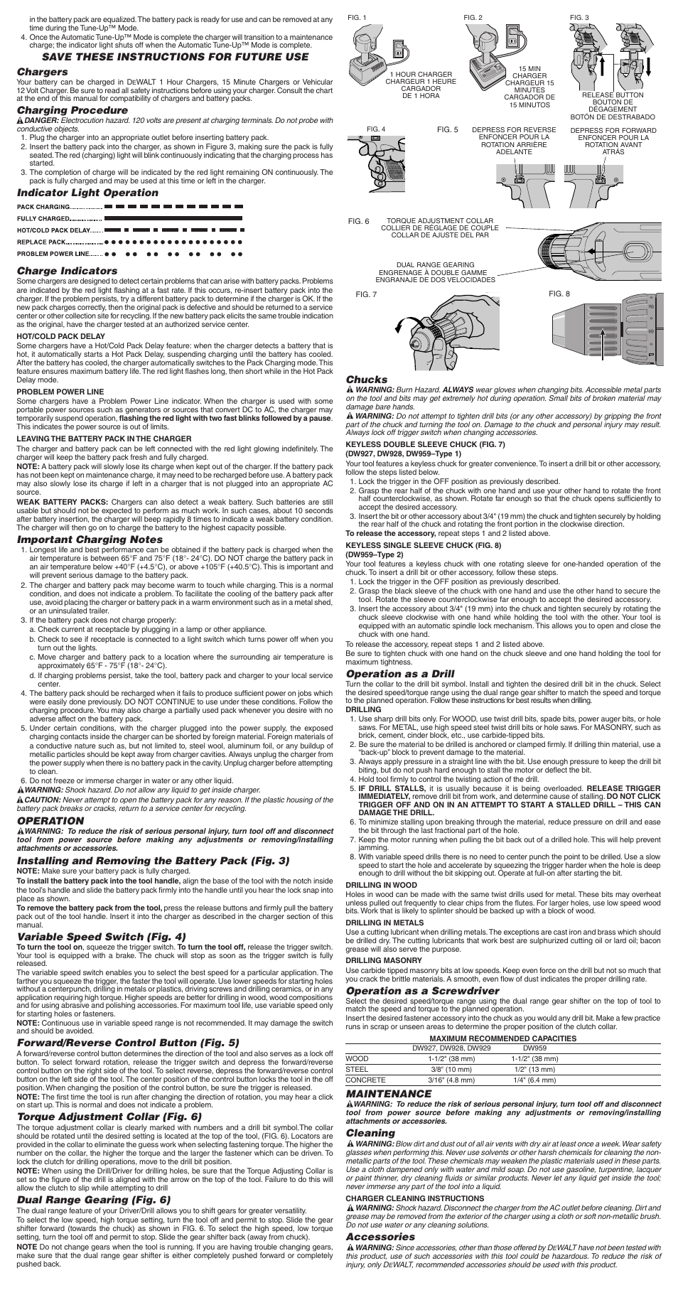 Chucks, Operation as a drill, Operation as a screwdriver | Maintenance, Cleaning, Accessories, Save these instructions for future use chargers, Charging procedure, Indicator light operation charge indicators, Operation | DeWalt DW927 User Manual | Page 2 / 7
