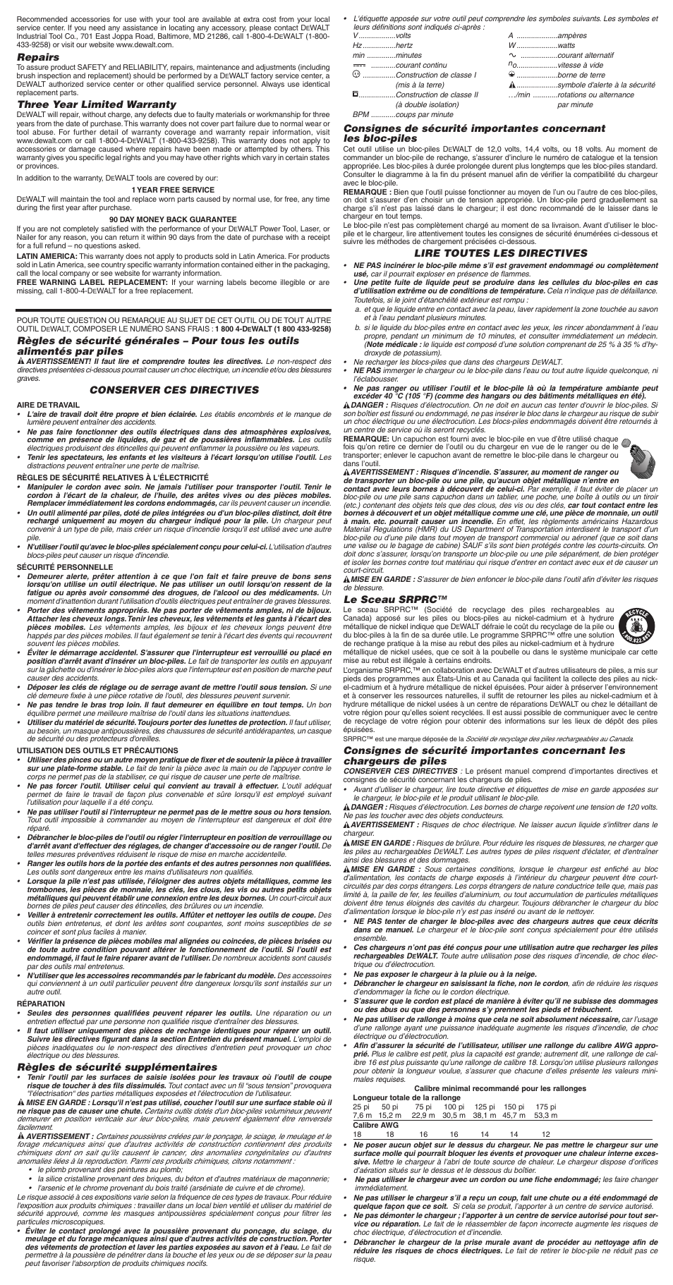 Repairs, Three year limited warranty, Lire toutes les directives | Le sceau srprc, Conserver ces directives, Règles de sécurité supplémentaires | DeWalt DW927 User Manual | Page 3 / 7