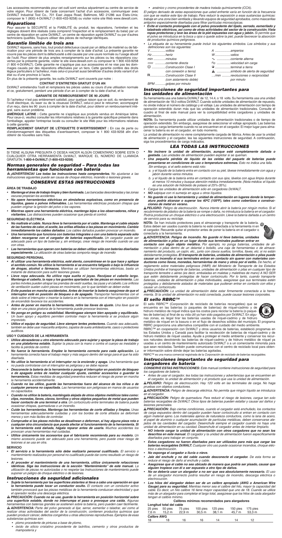 Réparations, Garantie limitée de trois ans, Conserve estas instrucciones | Instrucciones de seguridad adicionales, Lea todas las instrucciones, El sello rbrc | DeWalt DW927 User Manual | Page 5 / 7
