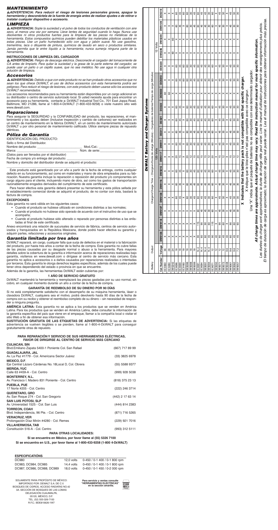 Mantenimiento, Limpieza, Accesorios | Reparaciones, Póliza de garantía, Garantía limitada por tres años | DeWalt DW927 User Manual | Page 7 / 7