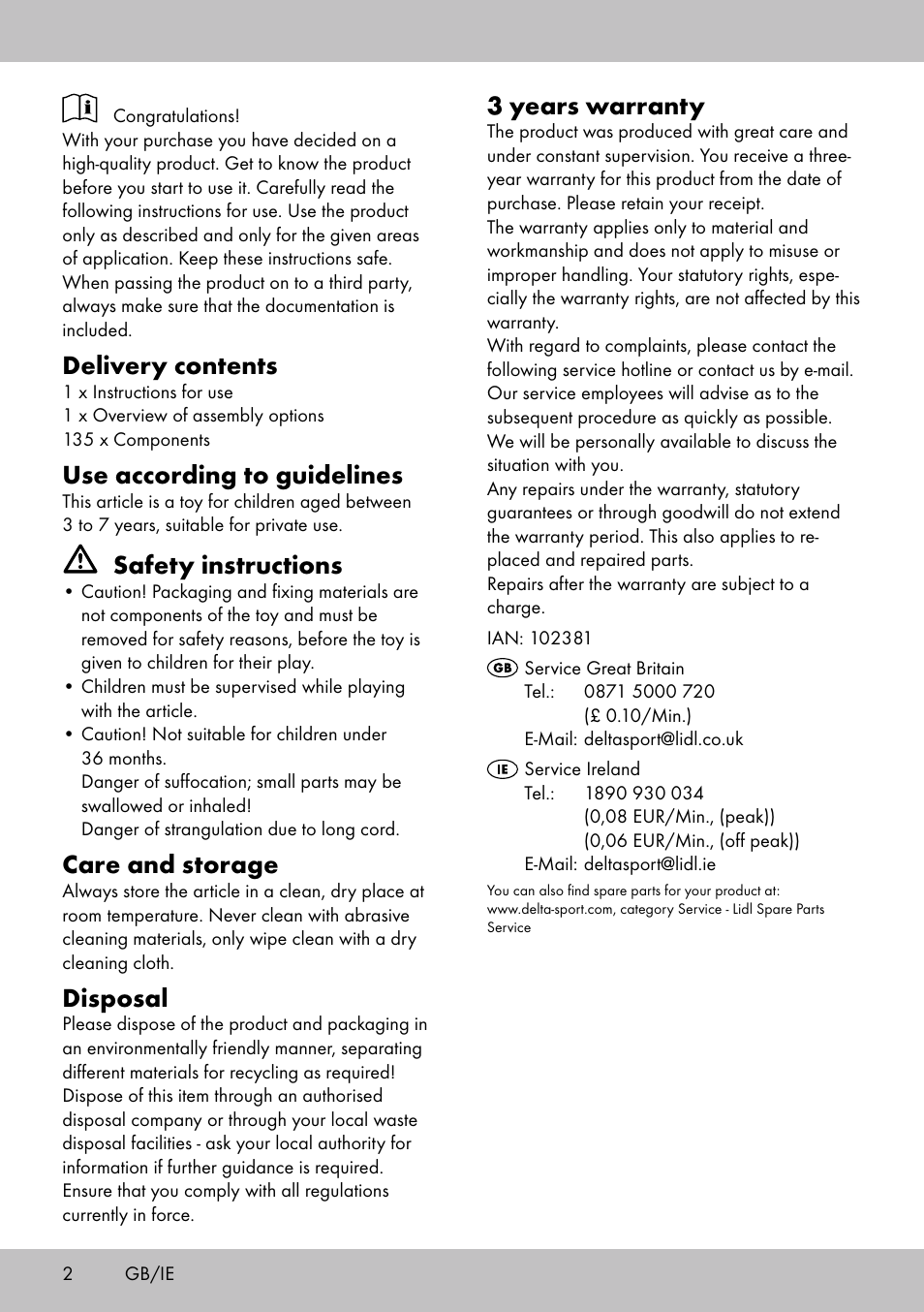 Delivery contents, Use according to guidelines, Safety instructions | Care and storage, Disposal, 3 years warranty | Playtive BUILDING BLOCKS User Manual | Page 2 / 14