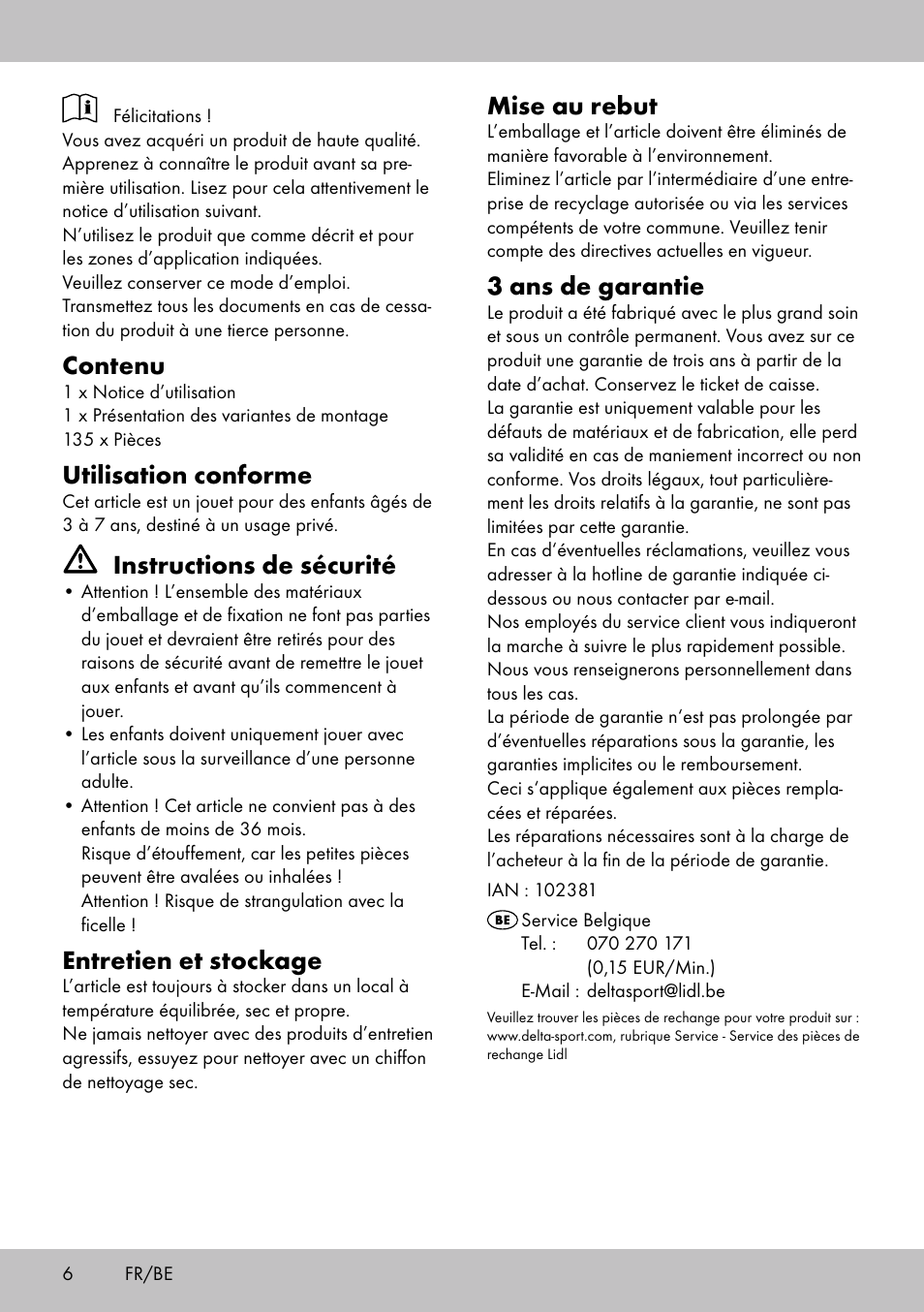 Contenu, Utilisation conforme, Instructions de sécurité | Entretien et stockage, Mise au rebut, 3 ans de garantie | Playtive BUILDING BLOCKS User Manual | Page 6 / 14