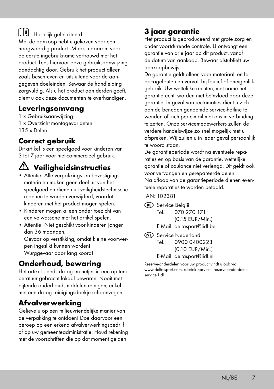 Leveringsomvang, Correct gebruik, Veiligheidsinstructies | Onderhoud, bewaring, Afvalverwerking, 3 jaar garantie | Playtive BUILDING BLOCKS User Manual | Page 7 / 14