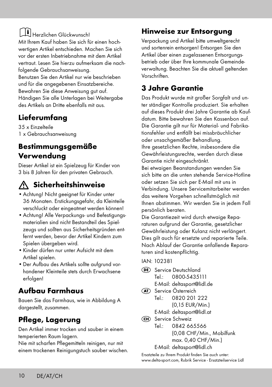 Lieferumfang, Bestimmungsgemäße verwendung, Sicherheitshinweise | Aufbau farmhaus, Pflege, lagerung, Hinweise zur entsorgung, 3 jahre garantie | Playtive FARM WOODEN TRACK User Manual | Page 10 / 12