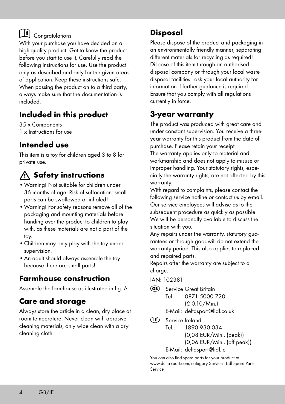 Disposal, Year warranty, Included in this product | Intended use, Safety instructions, Farmhouse construction, Care and storage | Playtive FARM WOODEN TRACK User Manual | Page 4 / 12