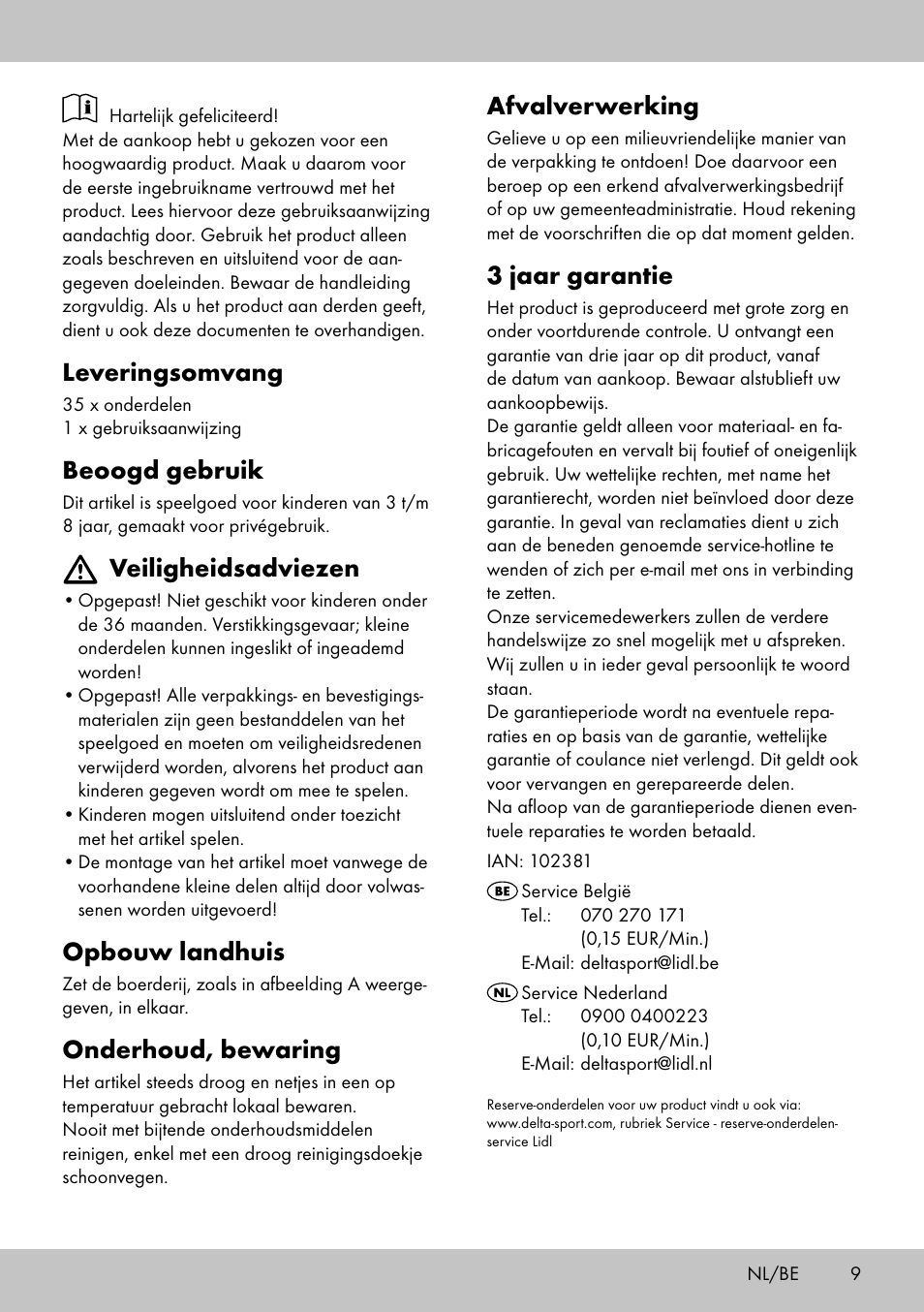 Leveringsomvang, Beoogd gebruik, Veiligheidsadviezen | Opbouw landhuis, Onderhoud, bewaring, Afvalverwerking, 3 jaar garantie | Playtive FARM WOODEN TRACK User Manual | Page 9 / 12