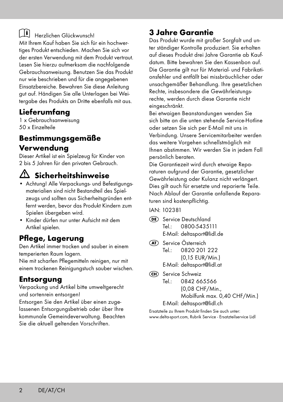 Lieferumfang, Bestimmungsgemäße verwendung, Sicherheitshinweise | Pflege, lagerung, Entsorgung, 3 jahre garantie | Playtive WOODEN TOWN BUILDING BLOCKS User Manual | Page 2 / 8