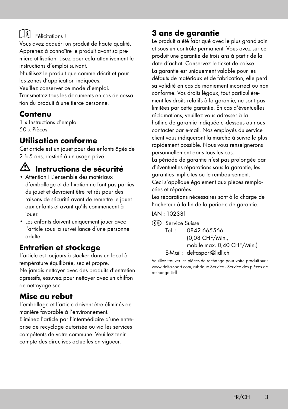 Contenu, Utilisation conforme, Instructions de sécurité | Entretien et stockage, Mise au rebut, 3 ans de garantie | Playtive WOODEN TOWN BUILDING BLOCKS User Manual | Page 3 / 8