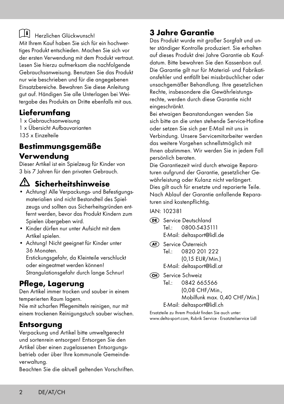 Lieferumfang, Bestimmungsgemäße verwendung, Sicherheitshinweise | Pflege, lagerung, Entsorgung, 3 jahre garantie | Playtive BUILDING BLOCKS User Manual | Page 2 / 10