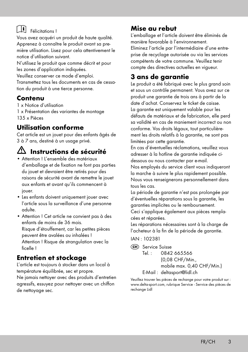 Contenu, Utilisation conforme, Instructions de sécurité | Entretien et stockage, Mise au rebut, 3 ans de garantie | Playtive BUILDING BLOCKS User Manual | Page 3 / 10