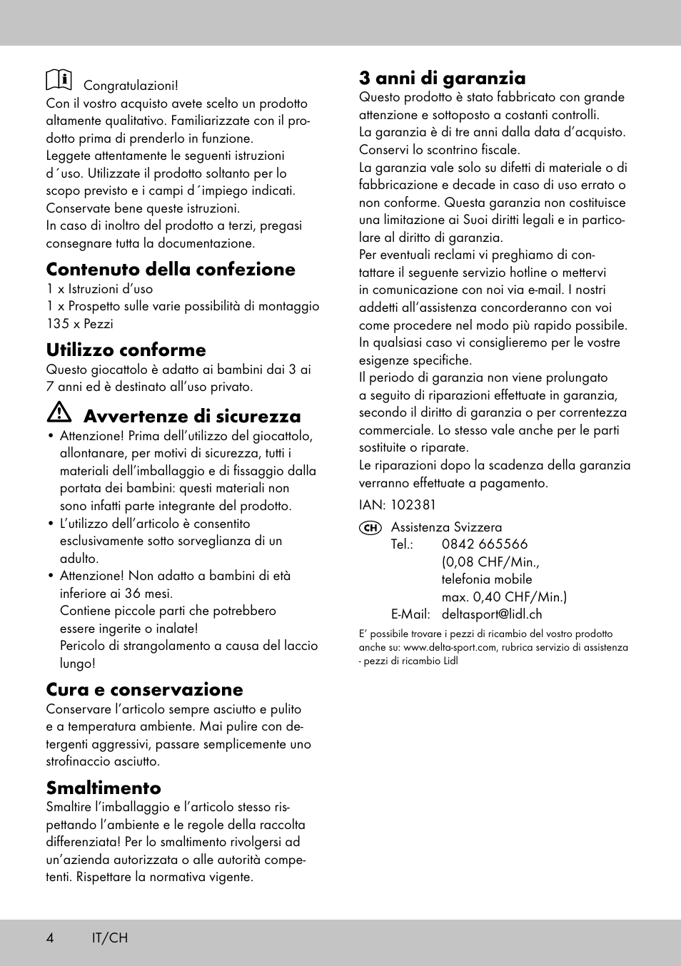 Contenuto della confezione, Utilizzo conforme, Avvertenze di sicurezza | Cura e conservazione, Smaltimento, 3 anni di garanzia | Playtive BUILDING BLOCKS User Manual | Page 4 / 10