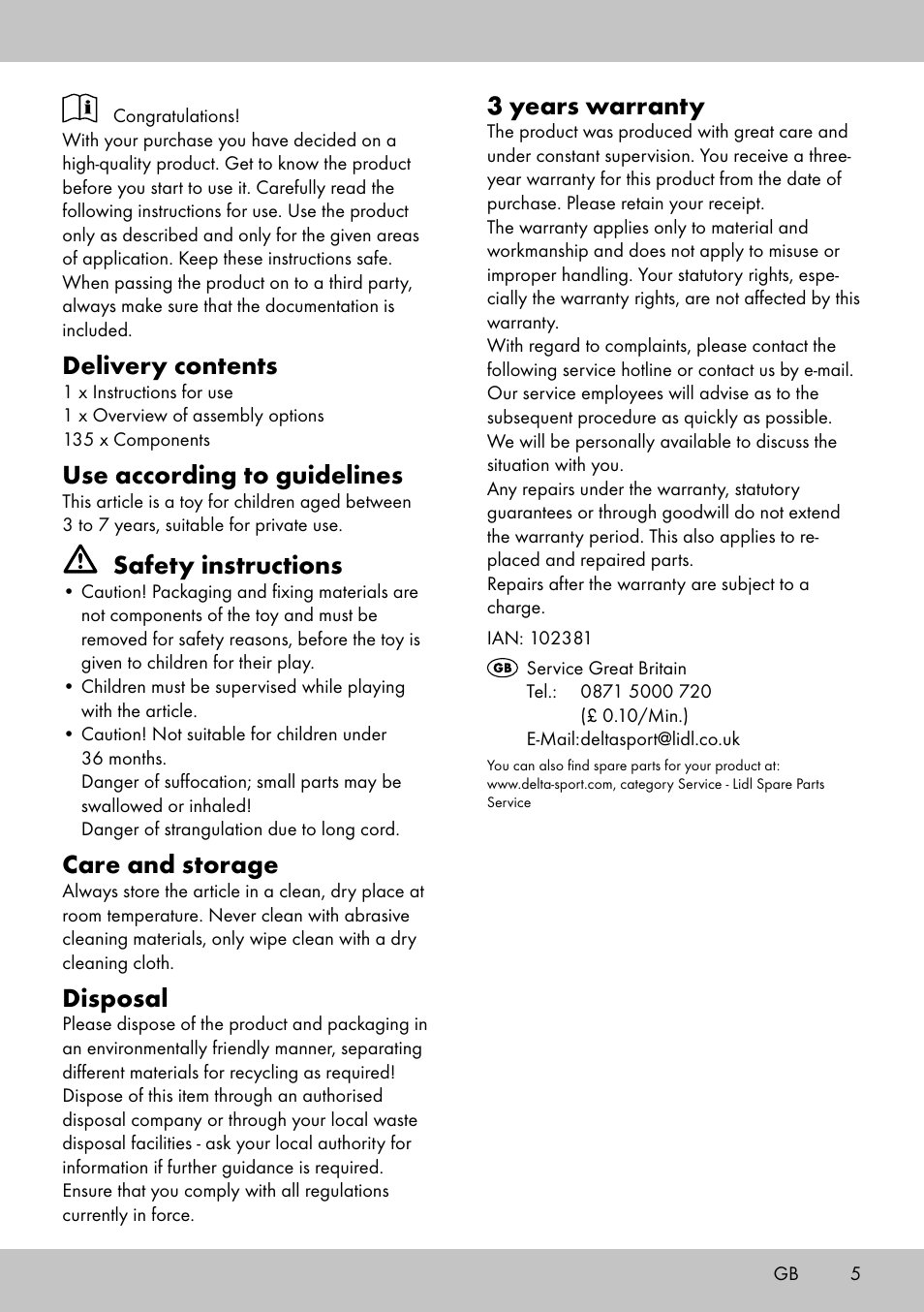 Delivery contents, Use according to guidelines, Safety instructions | Care and storage, Disposal, 3 years warranty | Playtive BUILDING BLOCKS User Manual | Page 5 / 10