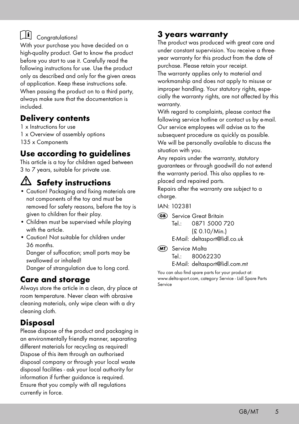 Delivery contents, Use according to guidelines, Safety instructions | Care and storage, Disposal, 3 years warranty | Playtive BUILDING BLOCKS User Manual | Page 5 / 10