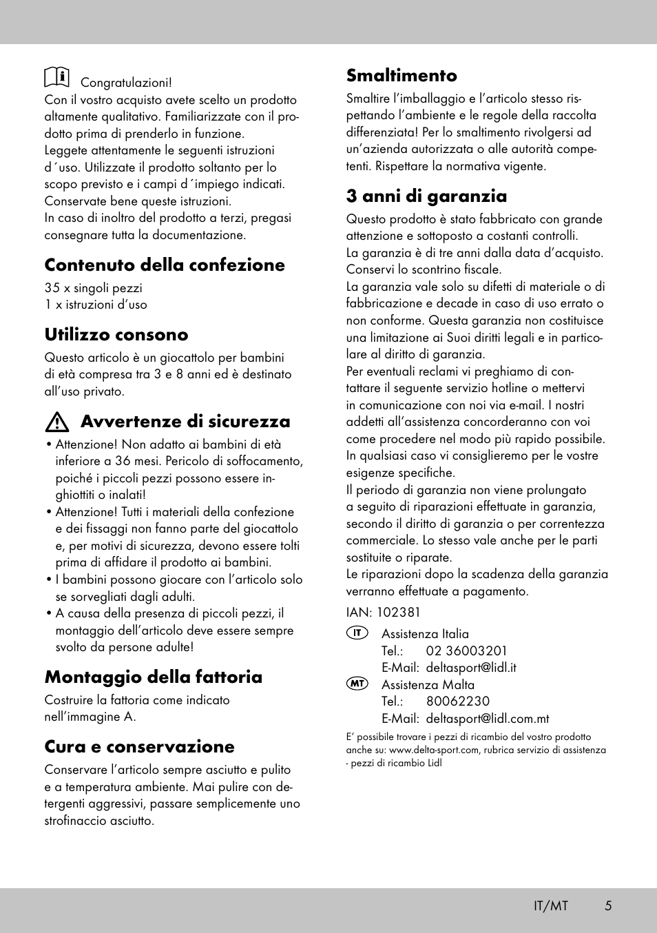 Contenuto della confezione, Utilizzo consono, Avvertenze di sicurezza | Montaggio della fattoria, Cura e conservazione, Smaltimento, 3 anni di garanzia | Playtive FARM WOODEN TRACK User Manual | Page 5 / 12