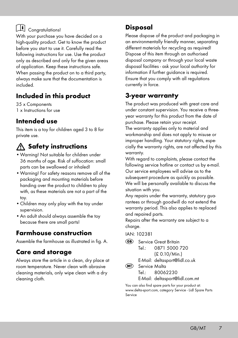 Disposal, Year warranty, Included in this product | Intended use, Safety instructions, Farmhouse construction, Care and storage | Playtive FARM WOODEN TRACK User Manual | Page 7 / 12