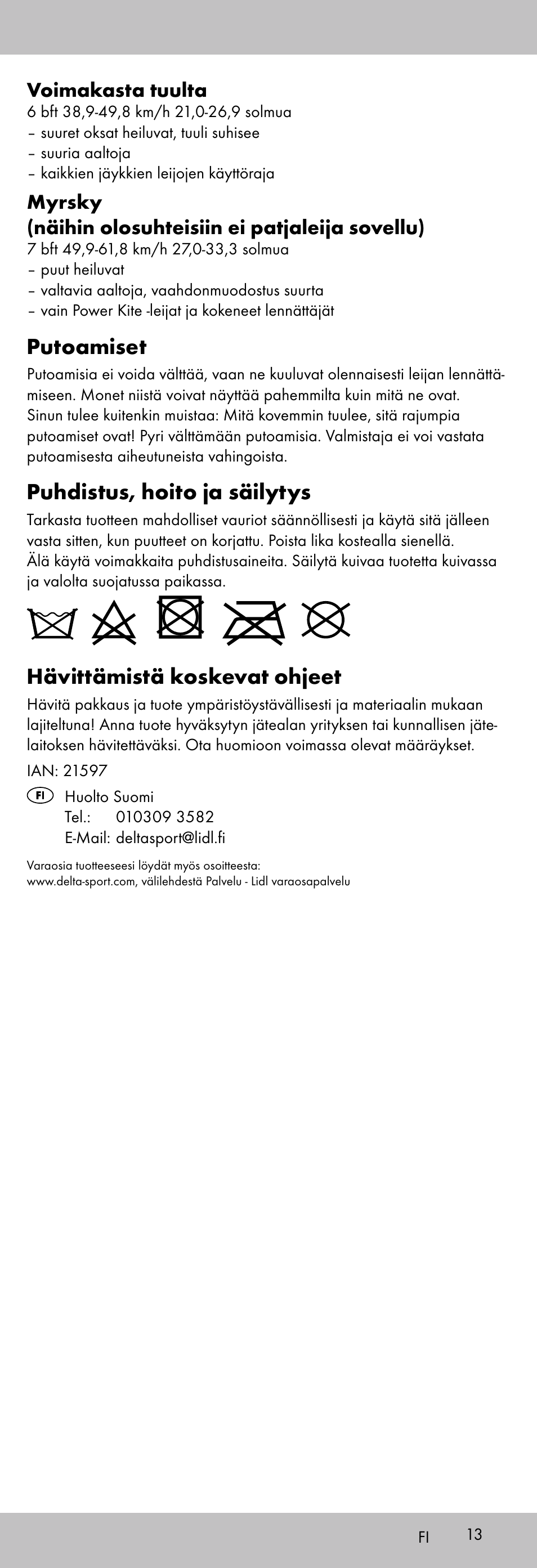 Putoamiset, Puhdistus, hoito ja säilytys, Hävittämistä koskevat ohjeet | Voimakasta tuulta | Playtive KITE StyleD User Manual | Page 13 / 36