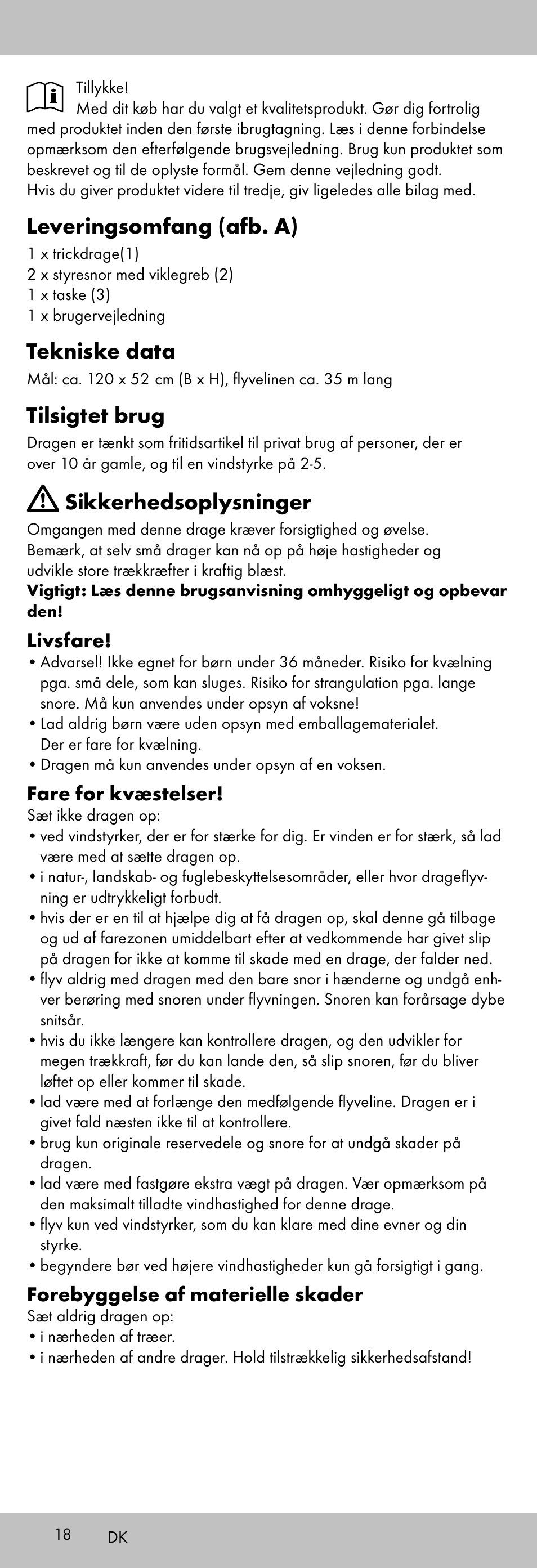 Leveringsomfang (afb. a), Tekniske data, Tilsigtet brug | Sikkerhedsoplysninger, Livsfare, Fare for kvæstelser, Forebyggelse af materielle skader | Playtive KITE StyleD User Manual | Page 18 / 36
