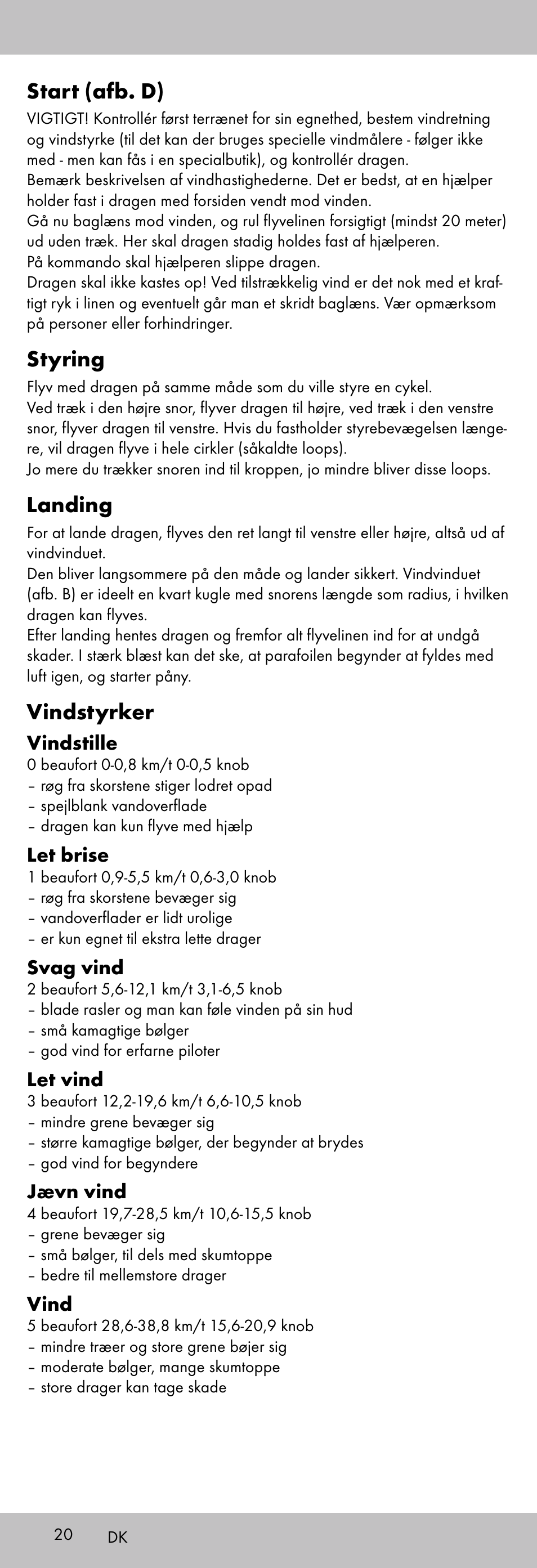 Start (afb. d), Styring, Landing | Vindstyrker | Playtive KITE StyleD User Manual | Page 20 / 36