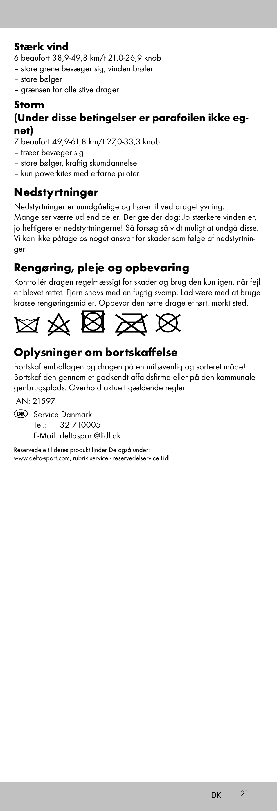 Nedstyrtninger, Rengøring, pleje og opbevaring, Oplysninger om bortskaffelse | Stærk vind | Playtive KITE StyleD User Manual | Page 21 / 36