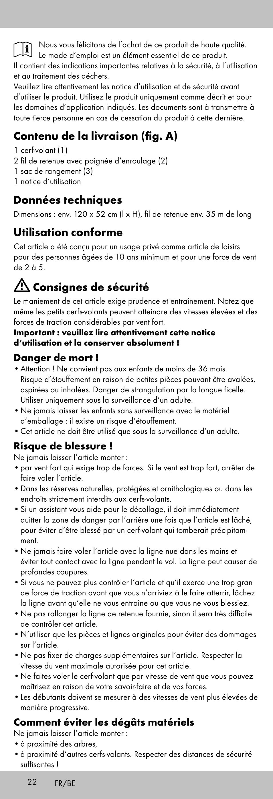 Contenu de la livraison (fig. a), Données techniques, Utilisation conforme | Consignes de sécurité, Danger de mort, Risque de blessure, Comment éviter les dégâts matériels | Playtive KITE StyleD User Manual | Page 22 / 36