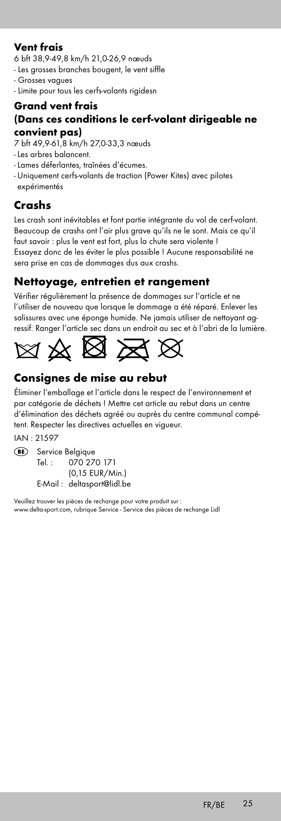 Crashs, Nettoyage, entretien et rangement, Consignes de mise au rebut | Vent frais | Playtive KITE StyleD User Manual | Page 25 / 36