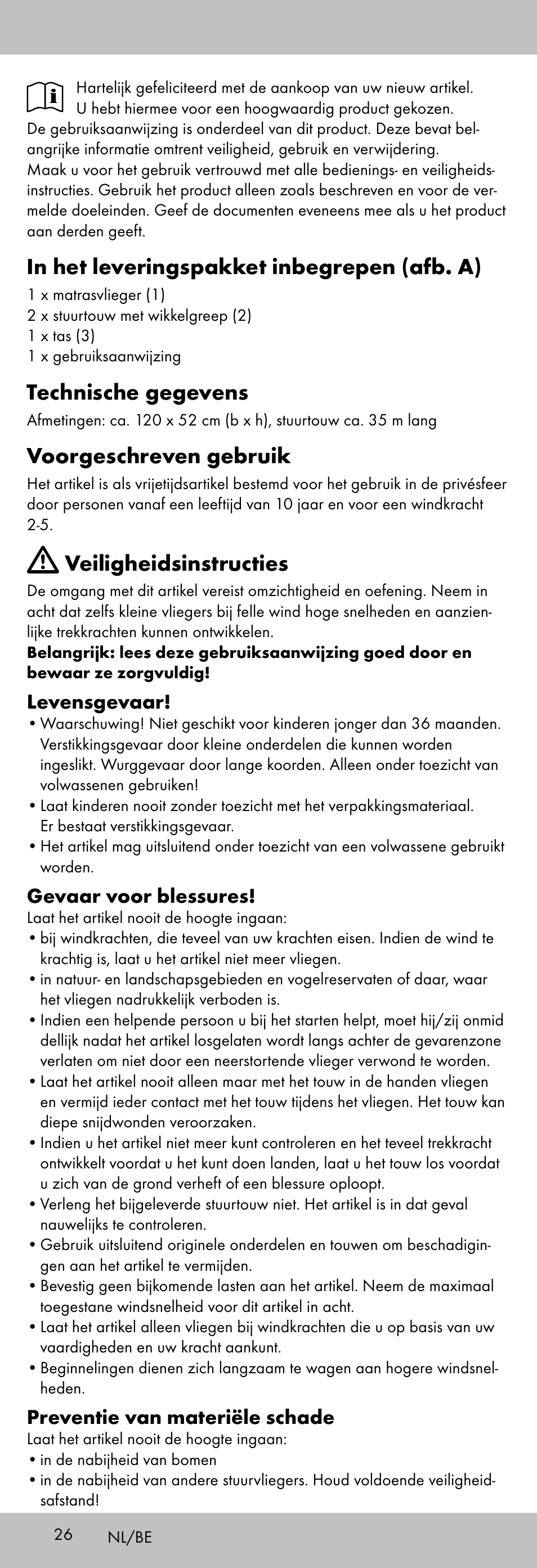 Technische gegevens, Voorgeschreven gebruik, Veiligheidsinstructies | Levensgevaar, Gevaar voor blessures, Preventie van materiële schade | Playtive KITE StyleD User Manual | Page 26 / 36