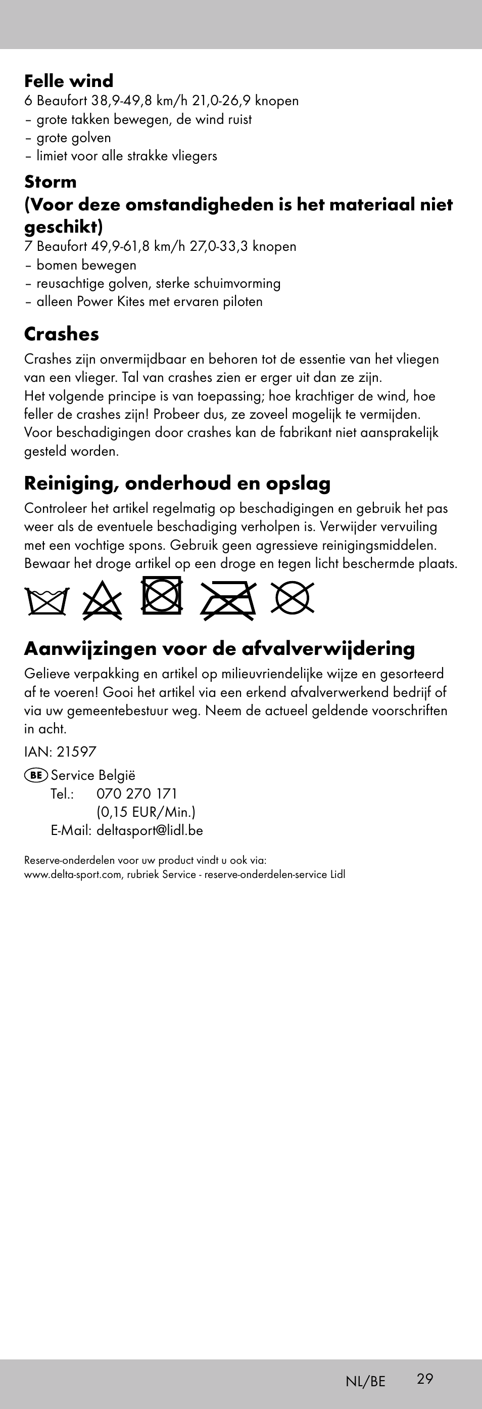 Crashes, Reiniging, onderhoud en opslag, Aanwijzingen voor de afvalverwijdering | Felle wind | Playtive KITE StyleD User Manual | Page 29 / 36