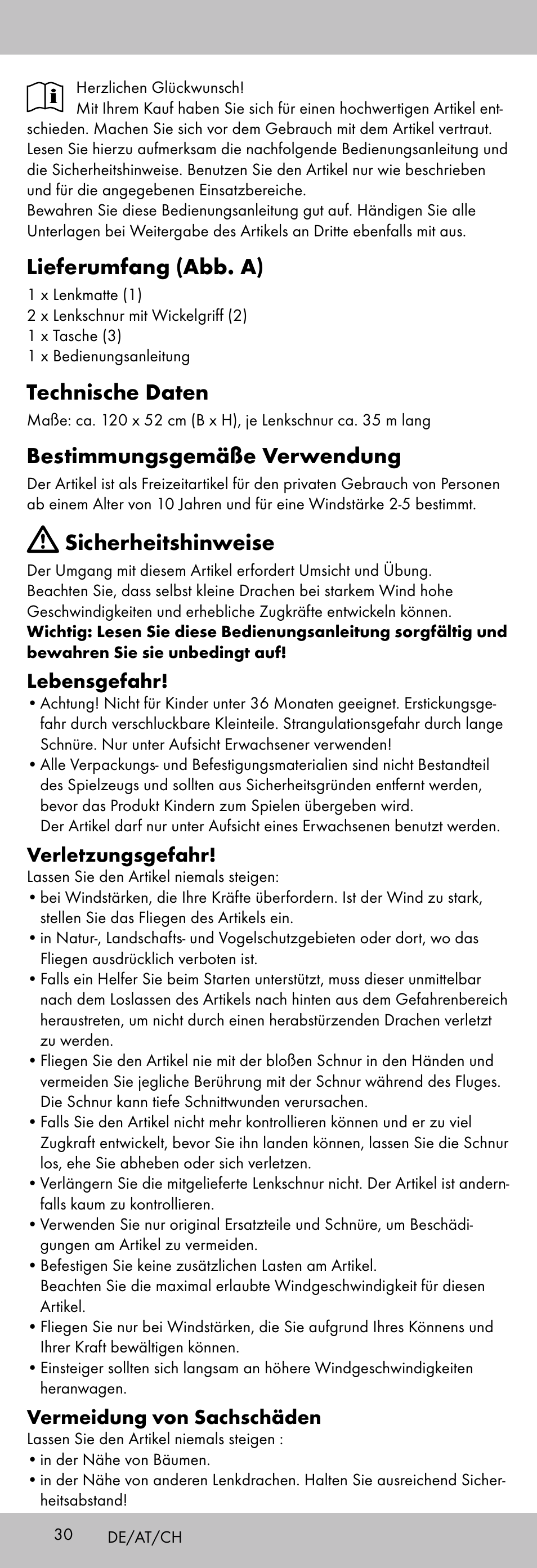 Lieferumfang (abb. a), Technische daten, Bestimmungsgemäße verwendung | Sicherheitshinweise, Lebensgefahr, Verletzungsgefahr, Vermeidung von sachschäden | Playtive KITE StyleD User Manual | Page 30 / 36