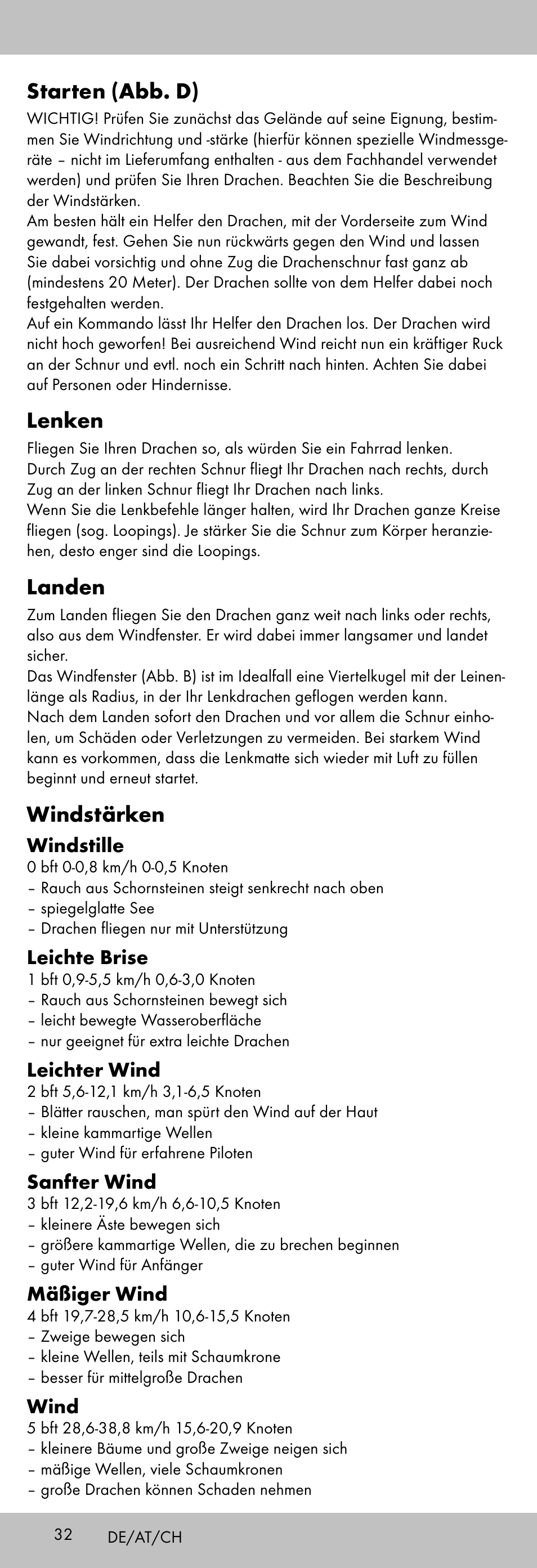 Starten (abb. d), Lenken, Landen | Windstärken | Playtive KITE StyleD User Manual | Page 32 / 36