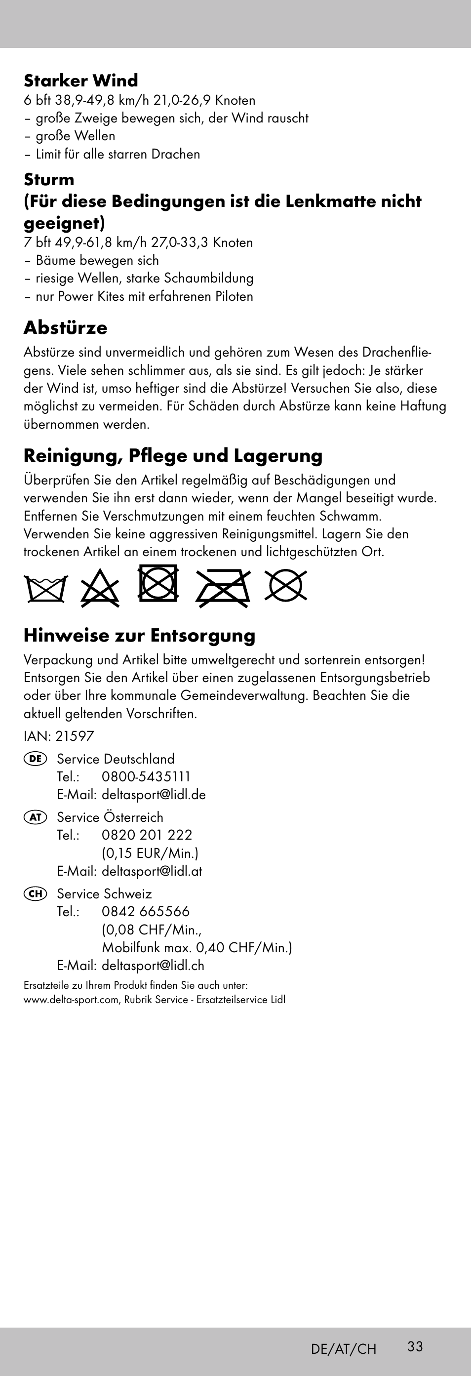 Abstürze, Reinigung, pflege und lagerung, Hinweise zur entsorgung | Starker wind | Playtive KITE StyleD User Manual | Page 33 / 36