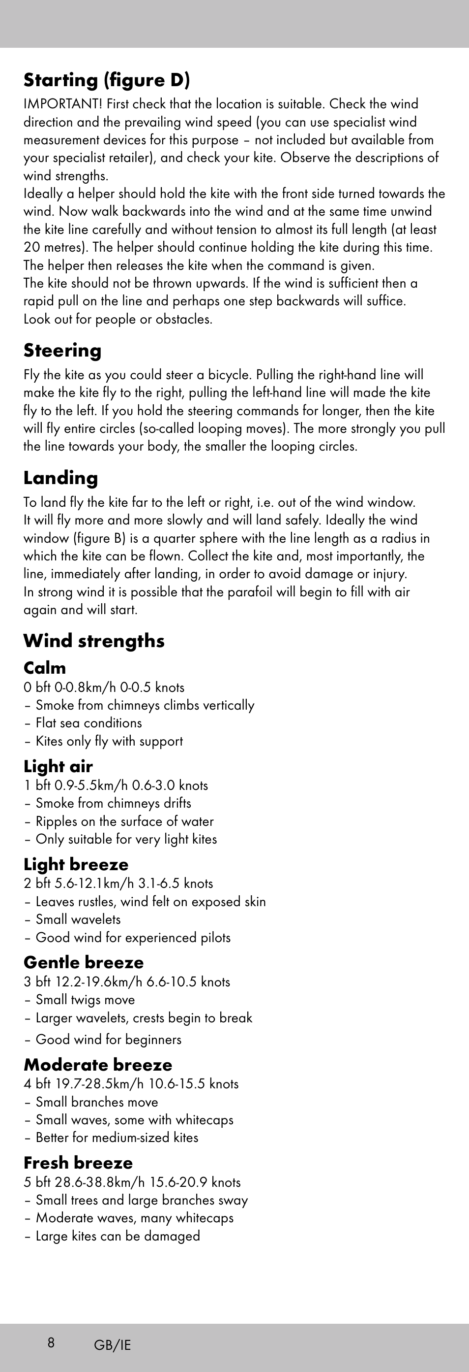 Starting (figure d), Steering, Landing | Wind strengths | Playtive KITE StyleD User Manual | Page 8 / 36