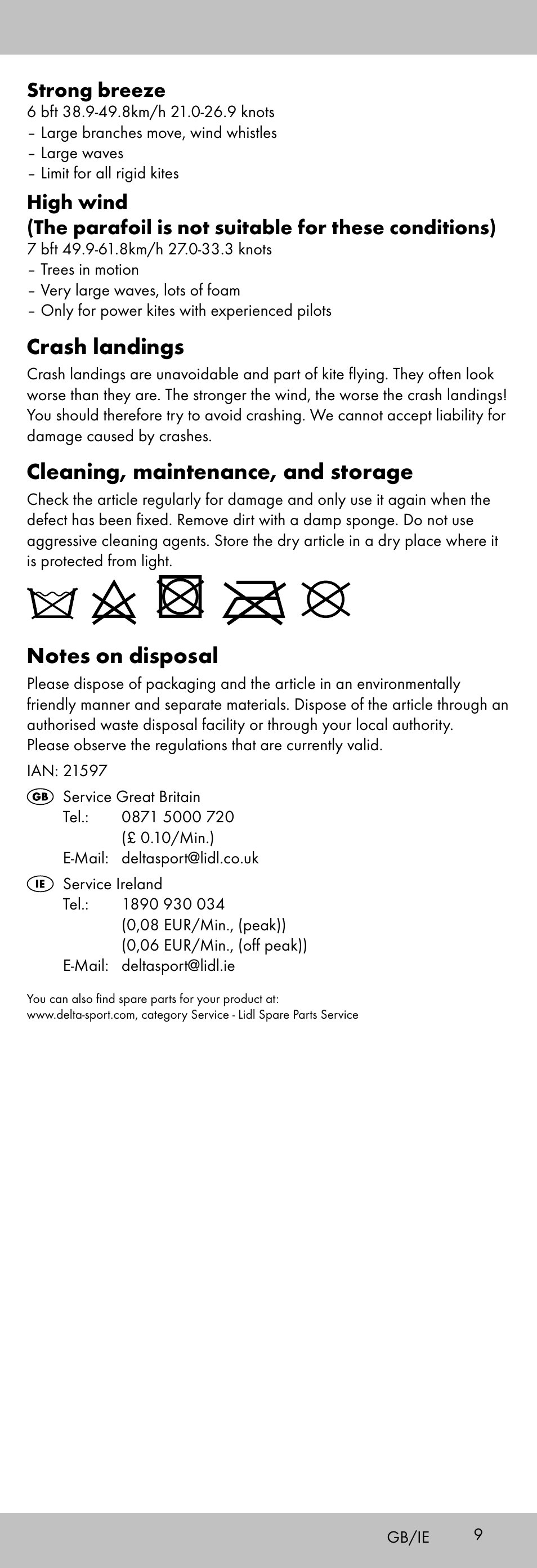 Crash landings, Cleaning, maintenance, and storage, Strong breeze | Playtive KITE StyleD User Manual | Page 9 / 36